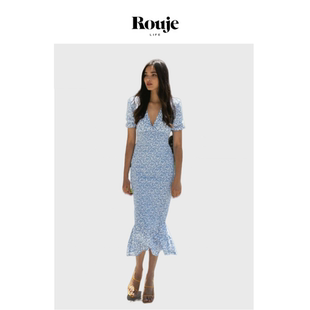 【现货】Rouje Life蓝色V领法式鱼尾连衣裙气质拼接修身碎花包臀