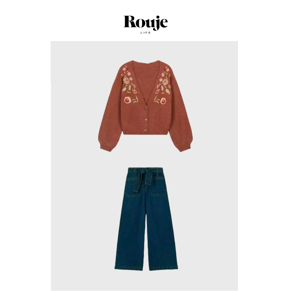 【现货】Rouje Life巴黎套装 早秋手工钩花刺绣开衫针织衫牛仔裤