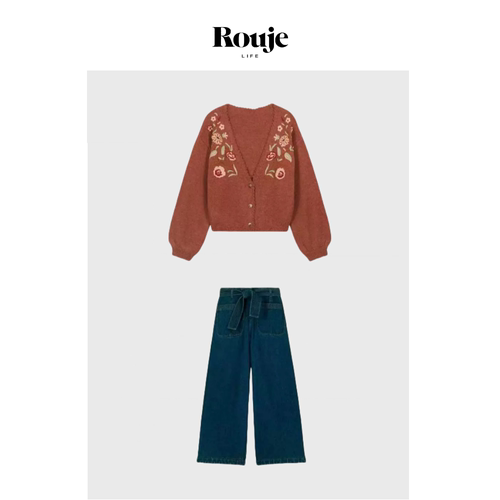 【现货】Rouje Life巴黎套装 早秋手工钩花刺绣开衫针织衫牛仔裤