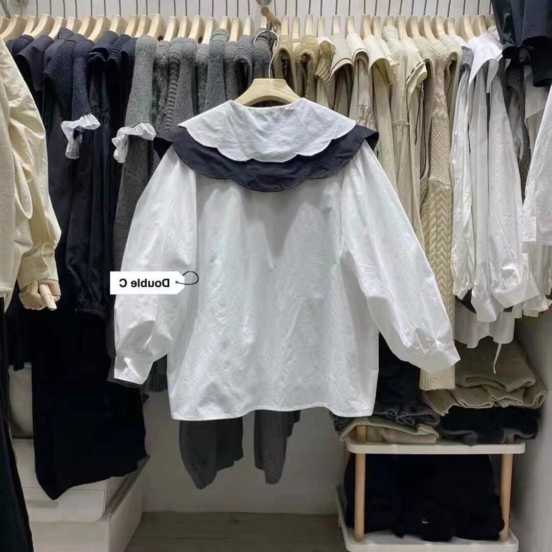 速发娃娃领衬衫女特大码-斤宽松波浪披肩两件套胖显瘦遮肉韩版