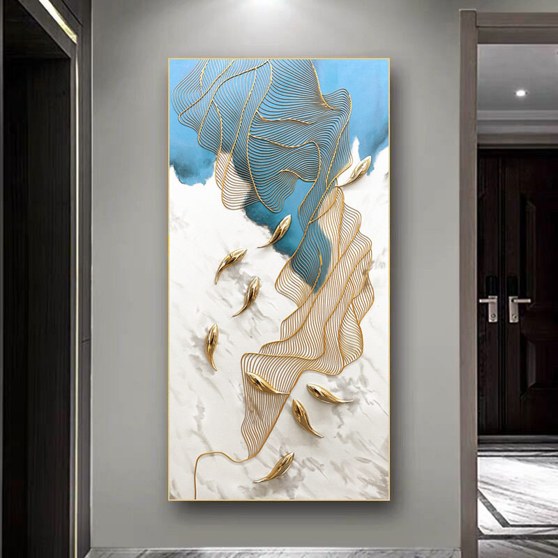 九鱼图手绘油画玄关装饰画入户过道竖版挂画金线装饰画