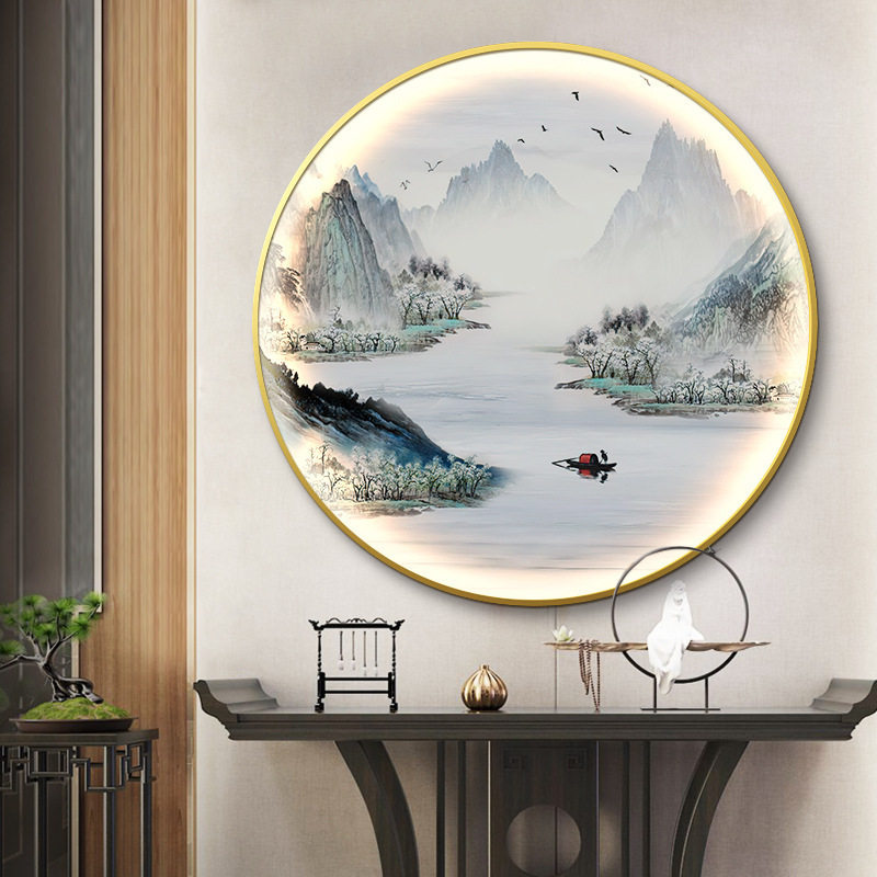 新中式入户玄关装饰画圆形带灯led发光山水字画过道禅意挂画壁灯