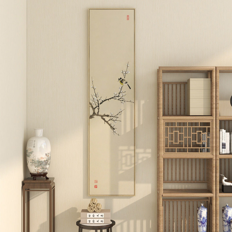 新中式禅意玄关装饰画原木风茶室壁画禅意走廊挂画竖版九鱼图荷花