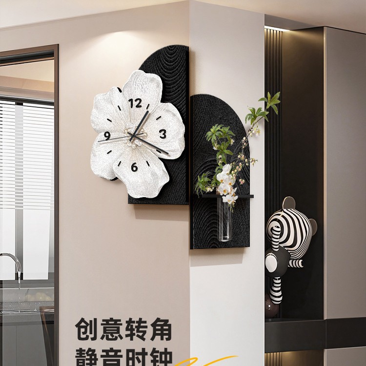 简约现代转角时钟客厅玄关装饰画创意高级感双面挂墙拐角挂画钟表图片