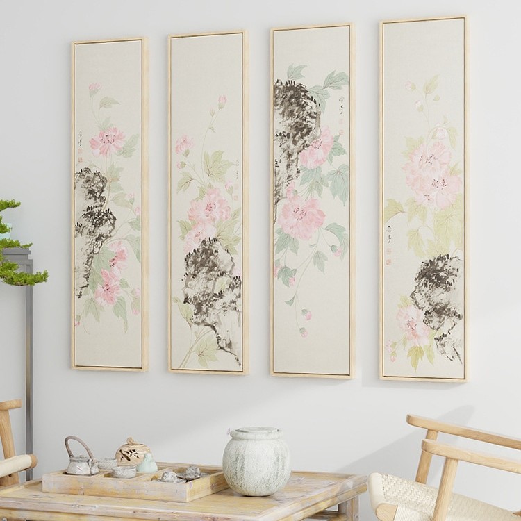 芙蓉花新中式客厅装饰画酒店包间玄关挂画背景墙餐厅花卉四联壁画