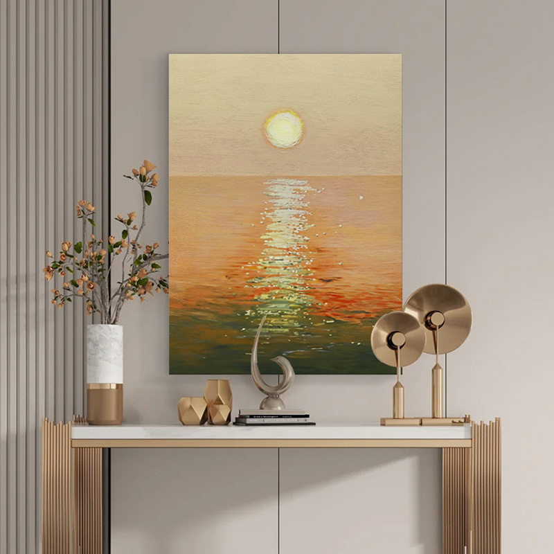 餐厅客厅手绘挂画油画奶油风装饰画日出沙发背景墙厚肌理现代简约