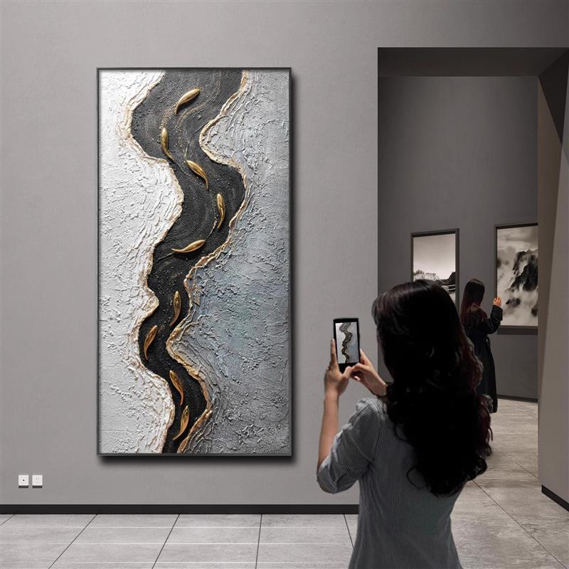 玄关手绘抽象挂画3d立体油画九鱼图客厅装饰画沙发背景墙入户轻奢图片
