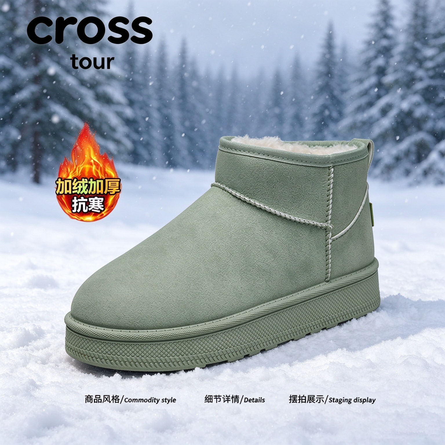 【质感高级】Cross tour时尚厚底雪地靴加绒加厚抗寒保暖短筒单鞋