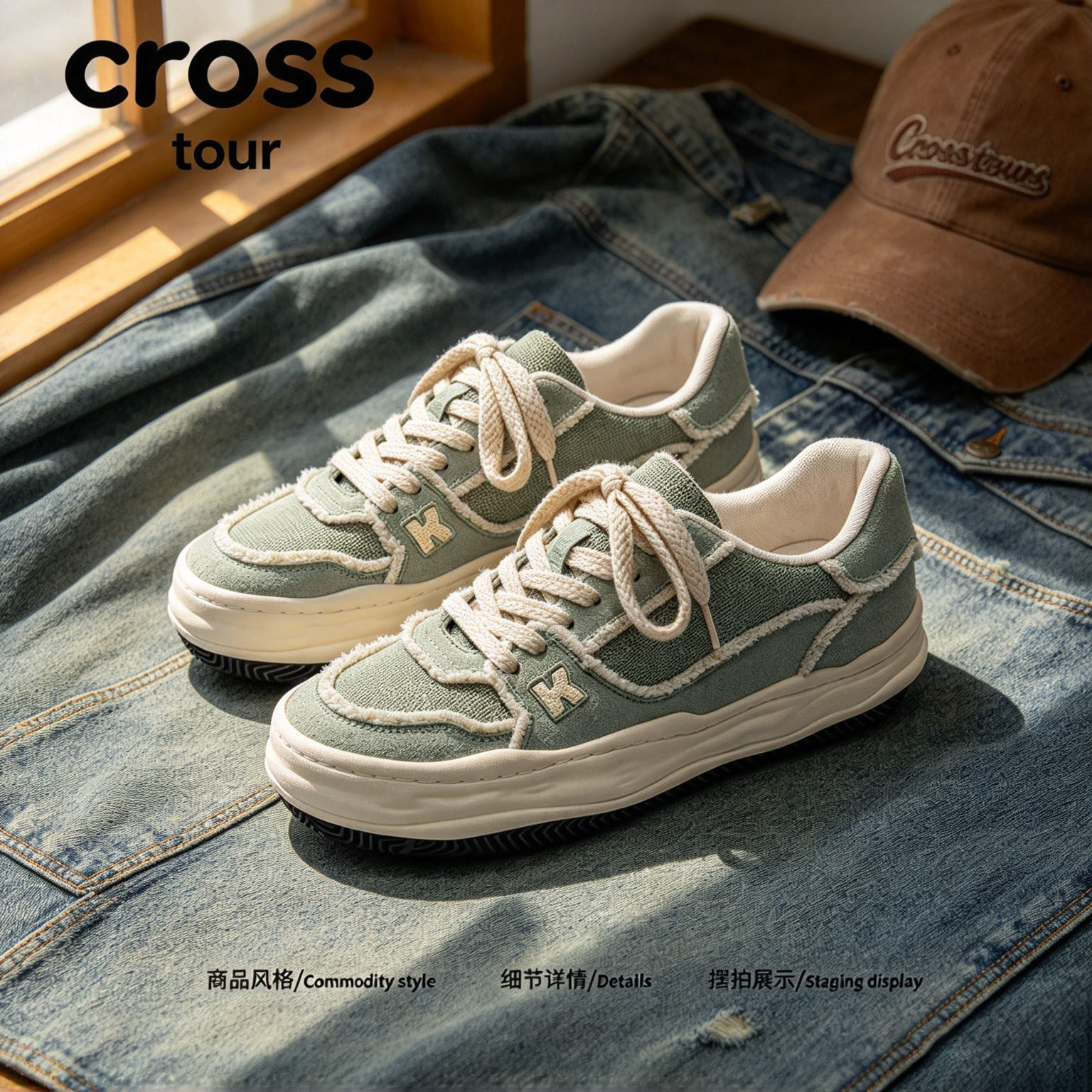 Cross tour豆绿色毛边溶解厚底休闲板鞋帆布透气防滑耐磨低帮男鞋