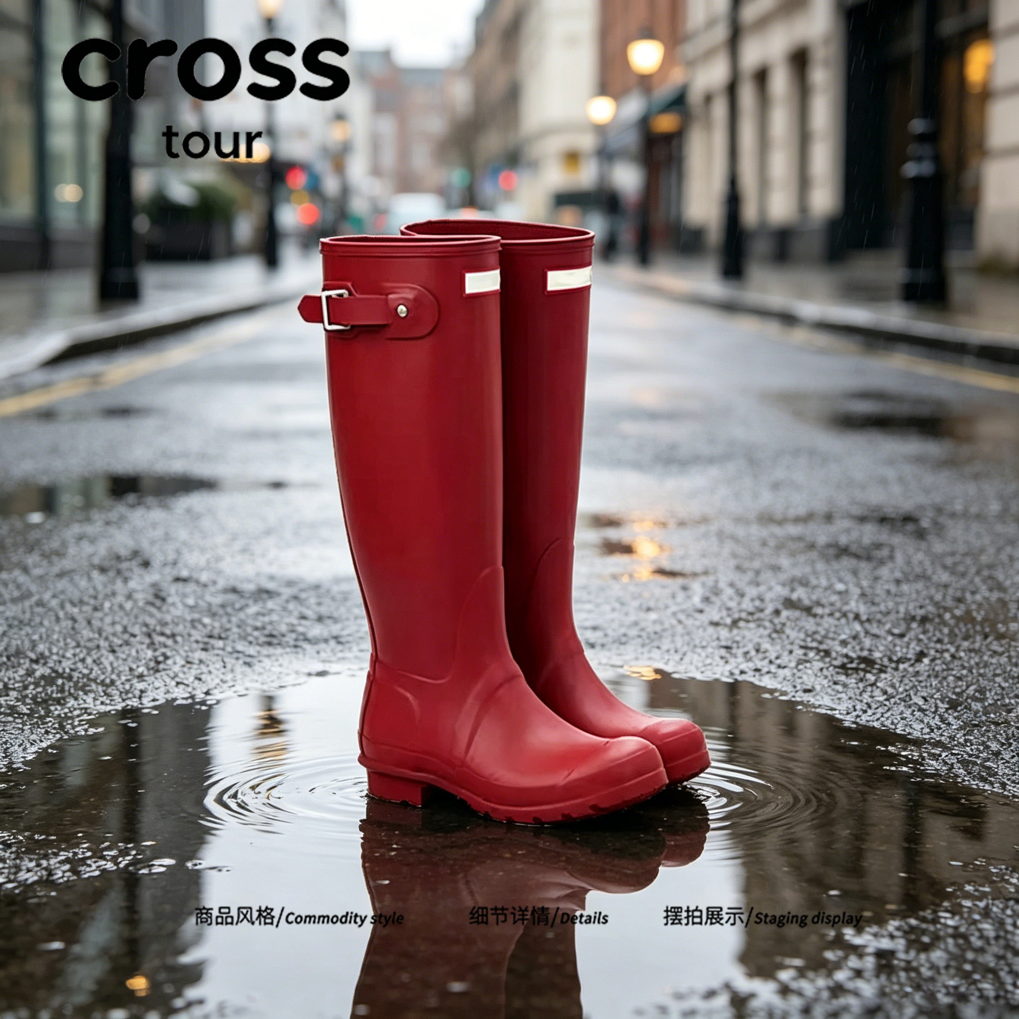 【雨天日记】Cross tour复古红色长款雨靴女防滑通勤防水高筒胶鞋