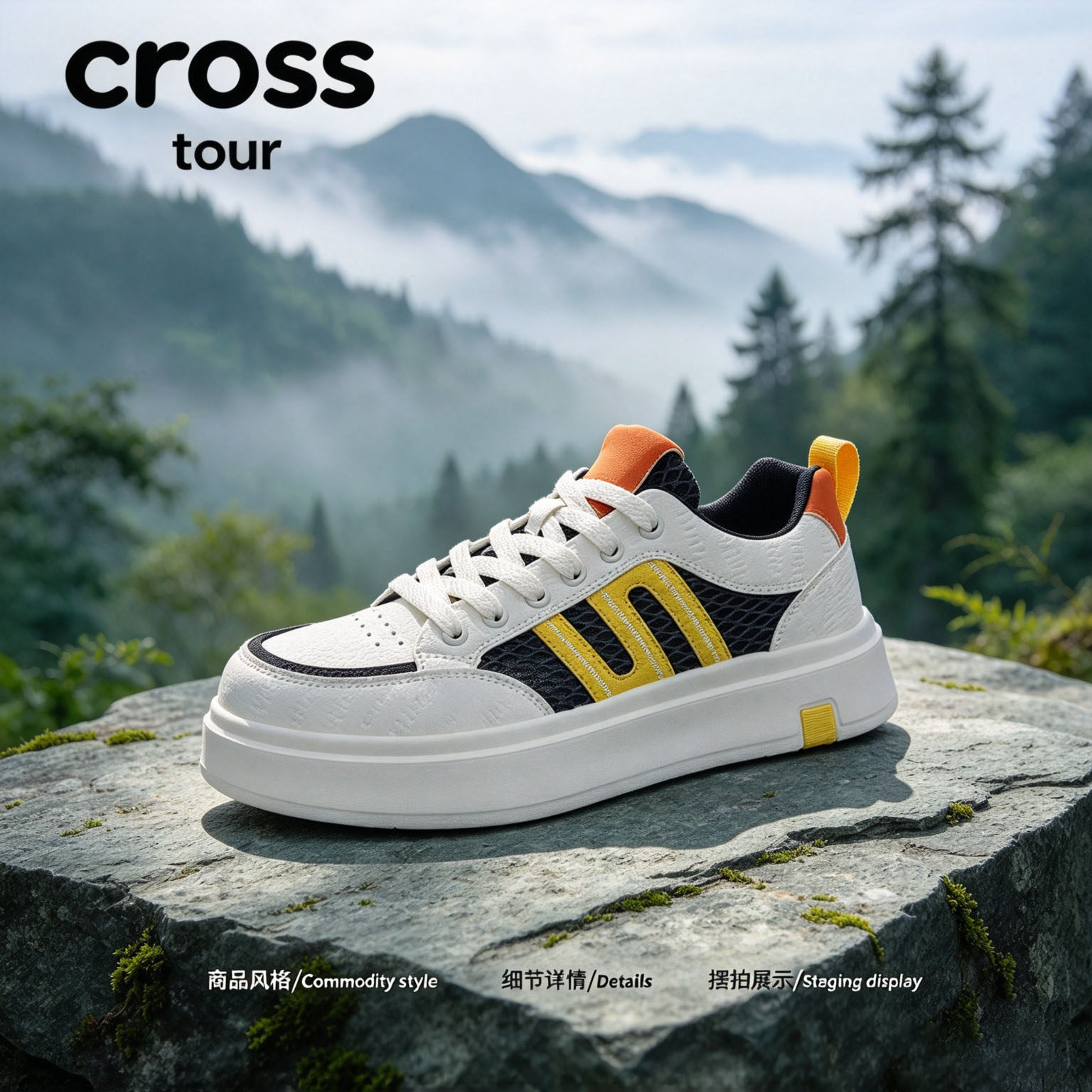 【鎏光旧序】Cross tour白黑黄橙拼接厚底休闲板鞋透气休闲板鞋