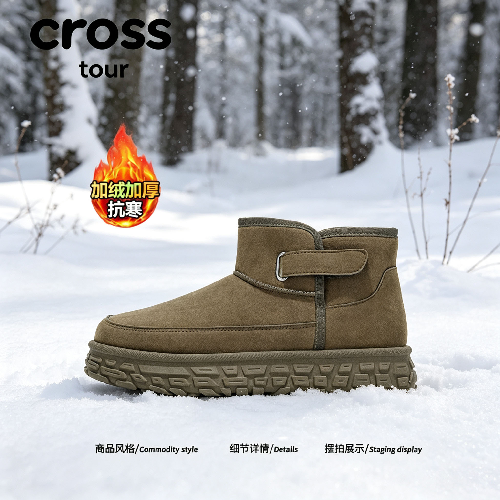 【暖绒盈里】Cross tour复古轮胎纹雪地靴绒面加绒加厚抗寒短筒鞋