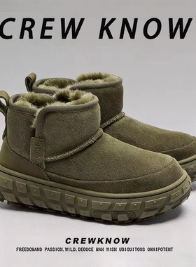【法国CREW KNOW专柜】深绿色混合中跟短筒雪地靴冬季保暖圆头