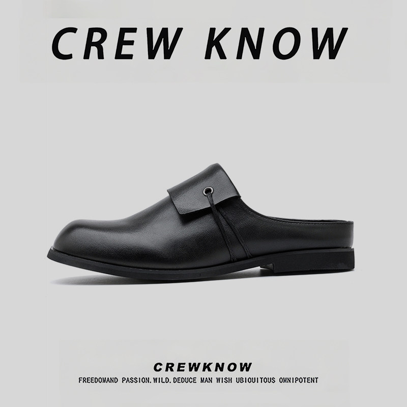 CREW KNOW时尚男鞋~穆勒鞋裁剪拼接包头通勤男老钱风休闲皮鞋