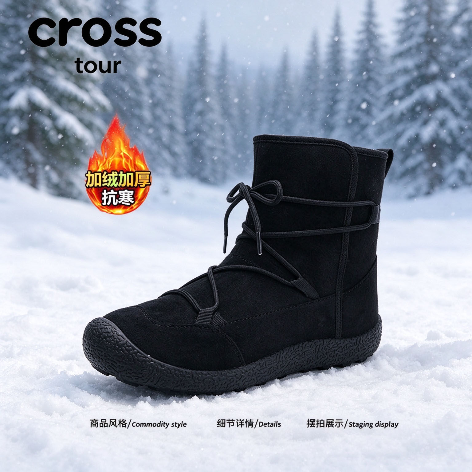 【逸履焕新】Cross tour黑色加绒加厚雪地靴绒面抗寒保暖中帮潮鞋