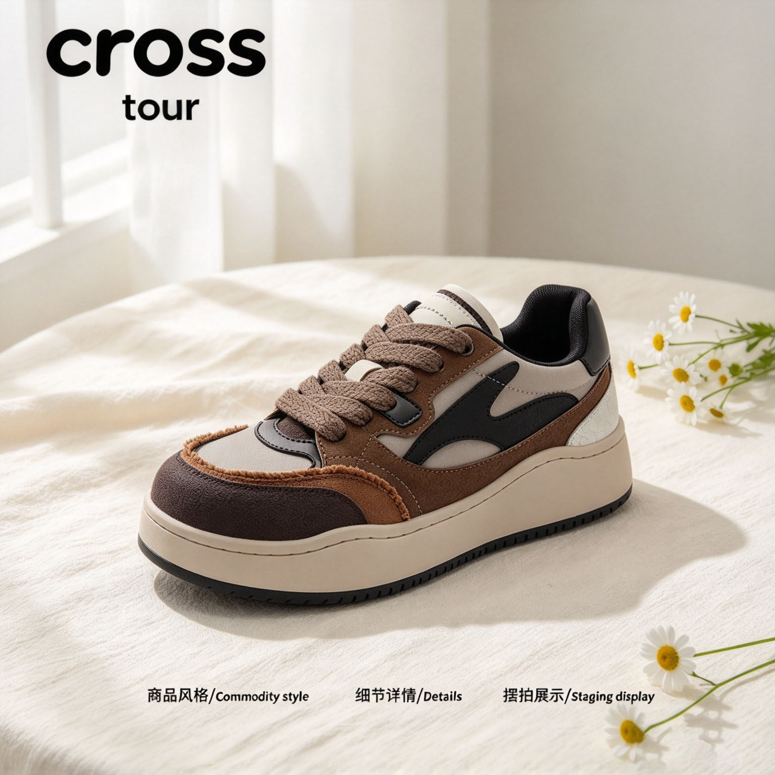 【静漠臻雅】Cross tour棕黑米白拼接毛边厚底板鞋耐磨休闲板鞋