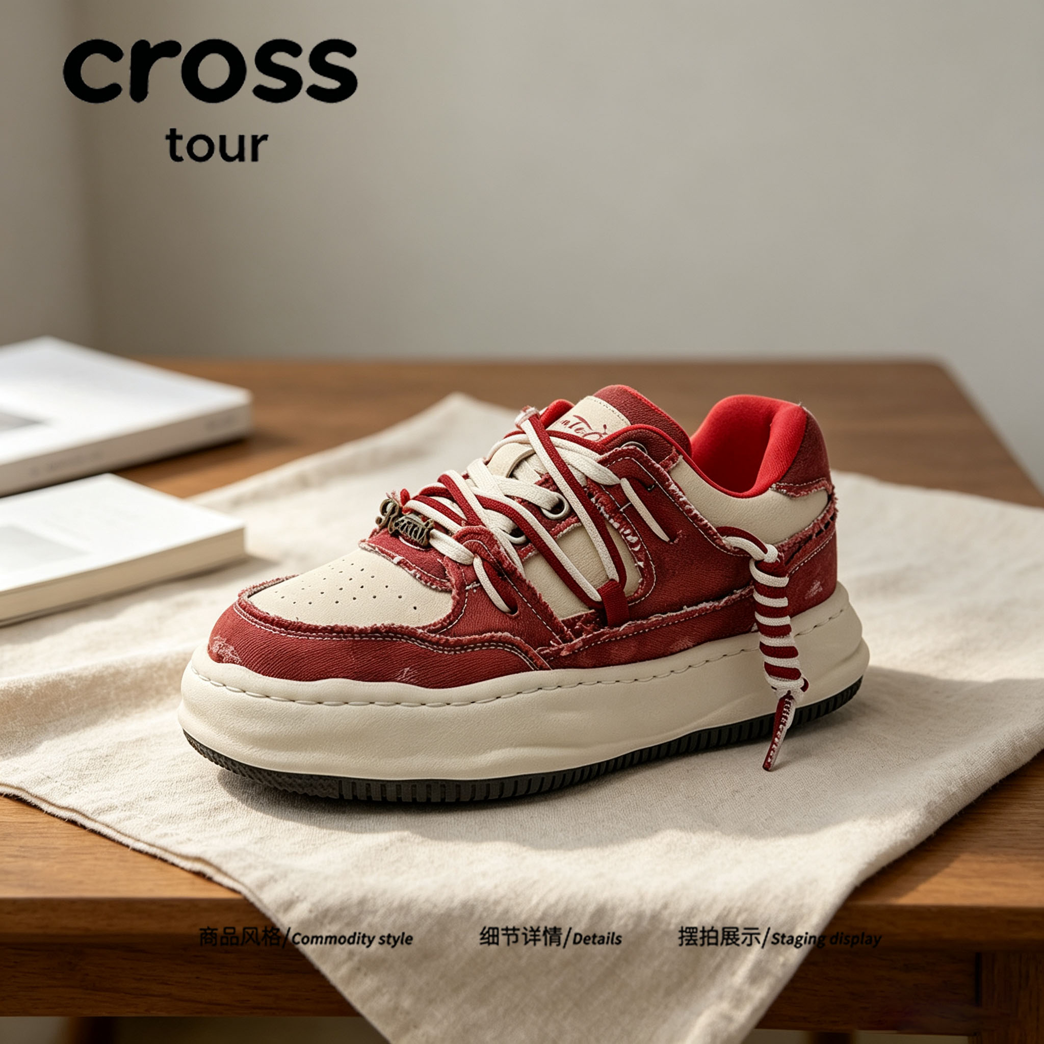 【韩系简约】Cross tour红白毛边做旧厚底休闲板鞋耐磨低帮休闲鞋