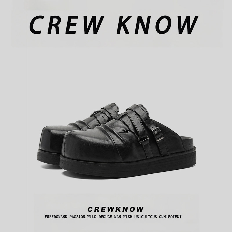 CREW KNOW时尚男鞋~二层牛皮户外休闲鞋低跟青年男鞋一脚蹬穆勒鞋