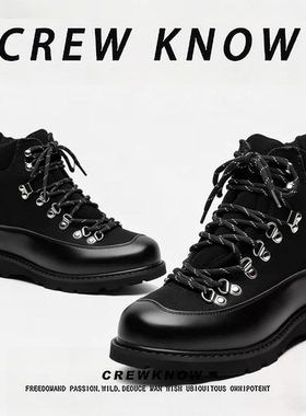 【法国CREW KNOW专柜】英伦工装靴短筒系带冬季马丁靴黑色高帮靴
