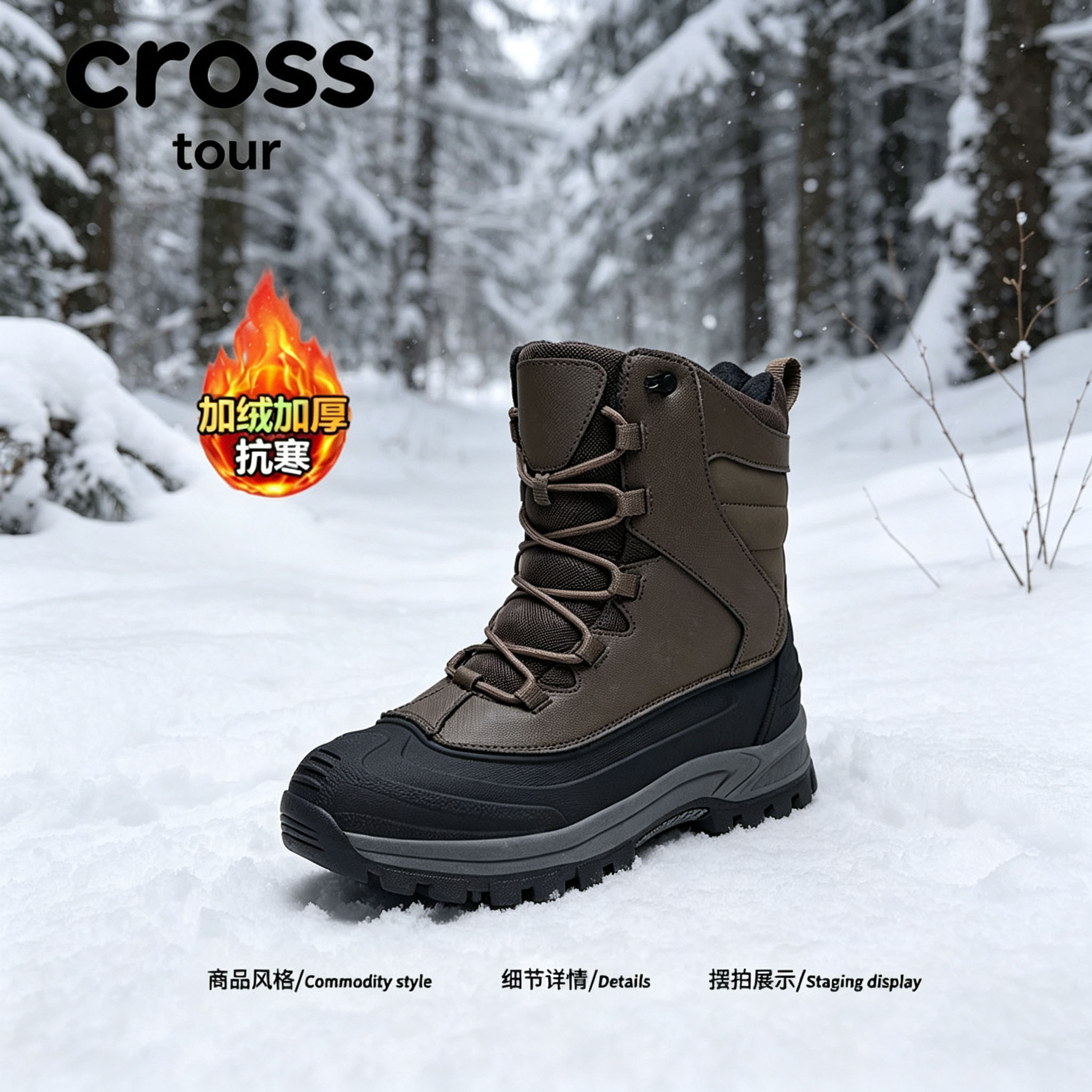 【绵柔履感】Cross tour时尚户外耐磨登山皮革加绒加厚抗寒高帮靴