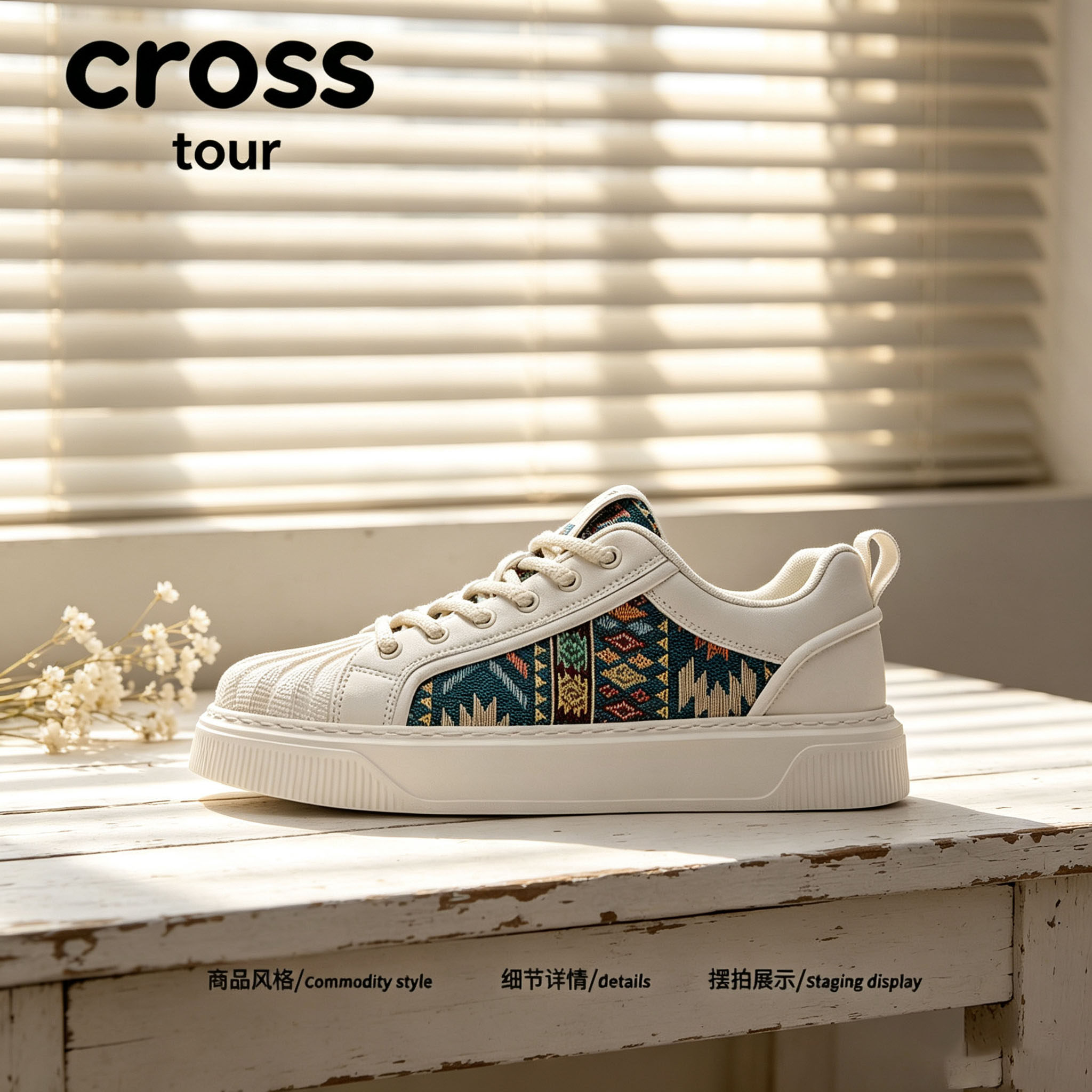 【清隽质感】Cross tour时尚民族风贝壳头板鞋织物拼接休闲板鞋