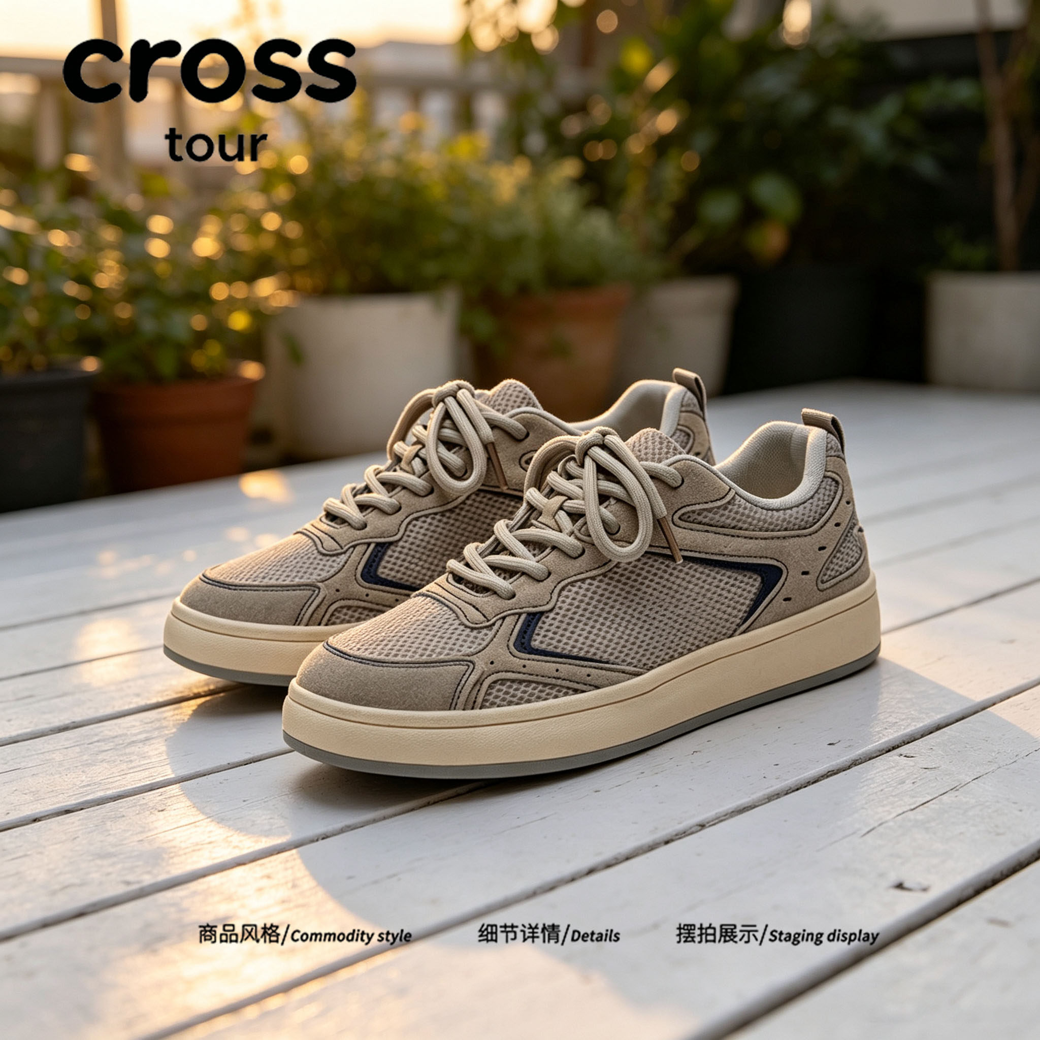 【幻构凝雅】Cross tour浅卡其拼接工艺休闲板鞋透气舒适低帮潮鞋