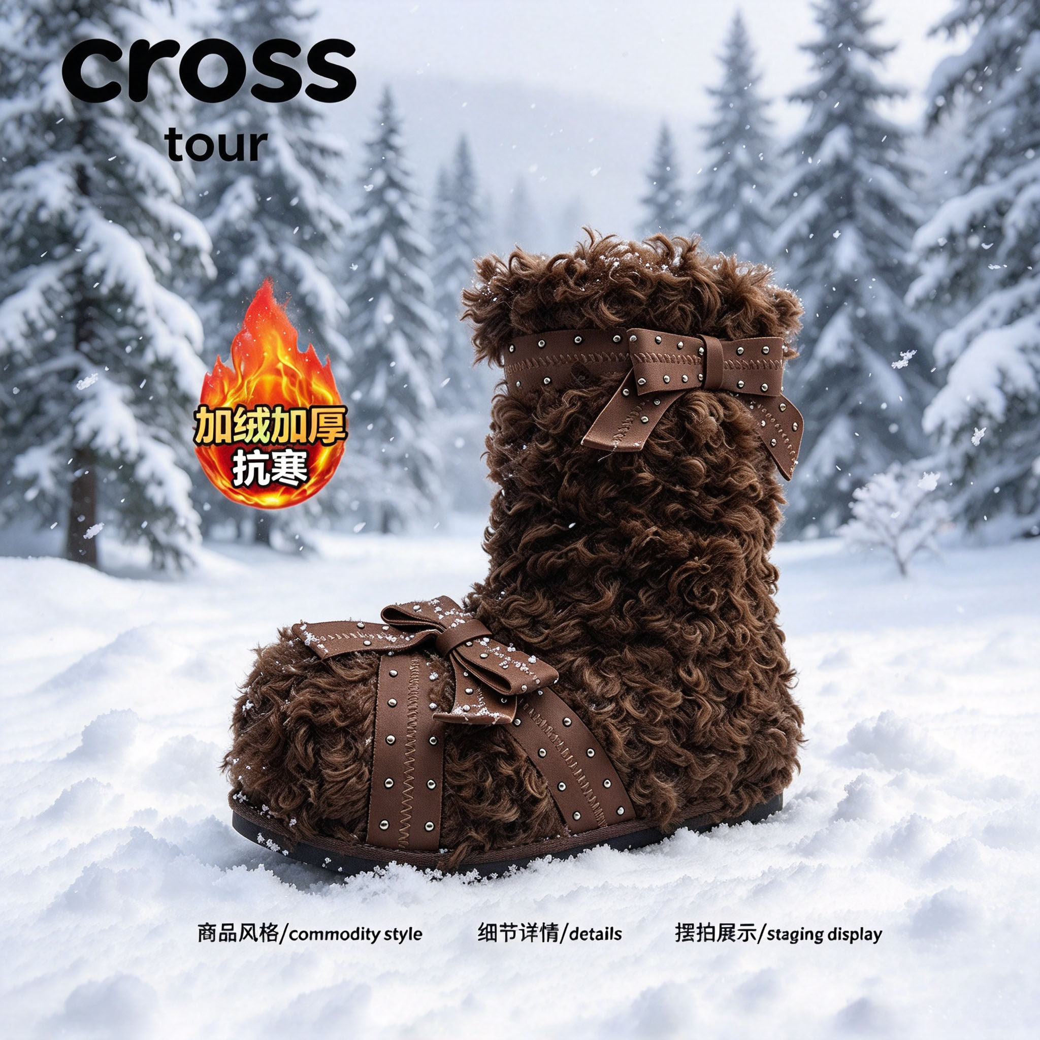 【不易掉毛】Cross tour潮流时尚耐磨雪地靴加绒加厚抗寒中筒潮靴