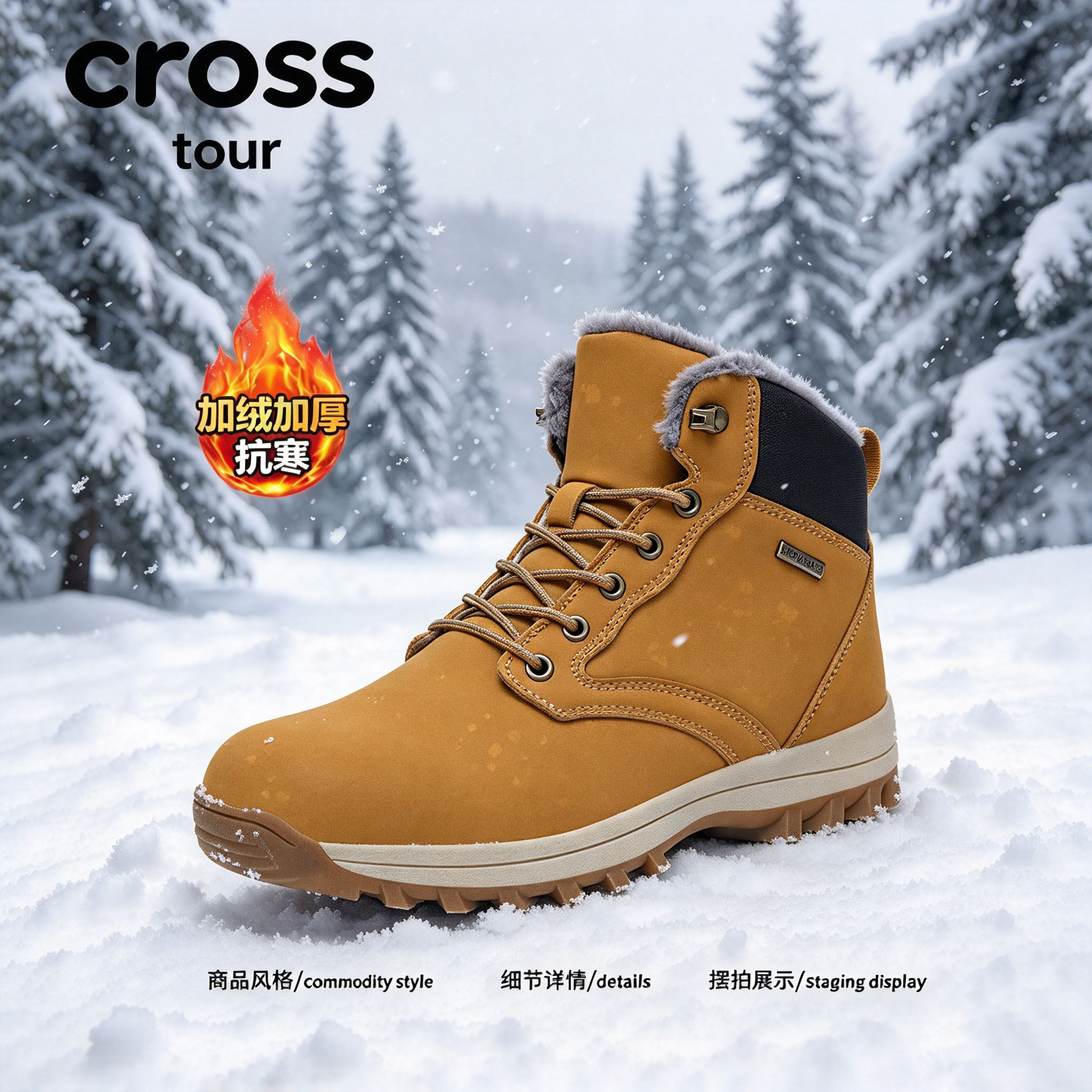 【软绒环抱】Cross tour棕黄色工装耐磨高帮靴加绒加厚抗寒雪地靴