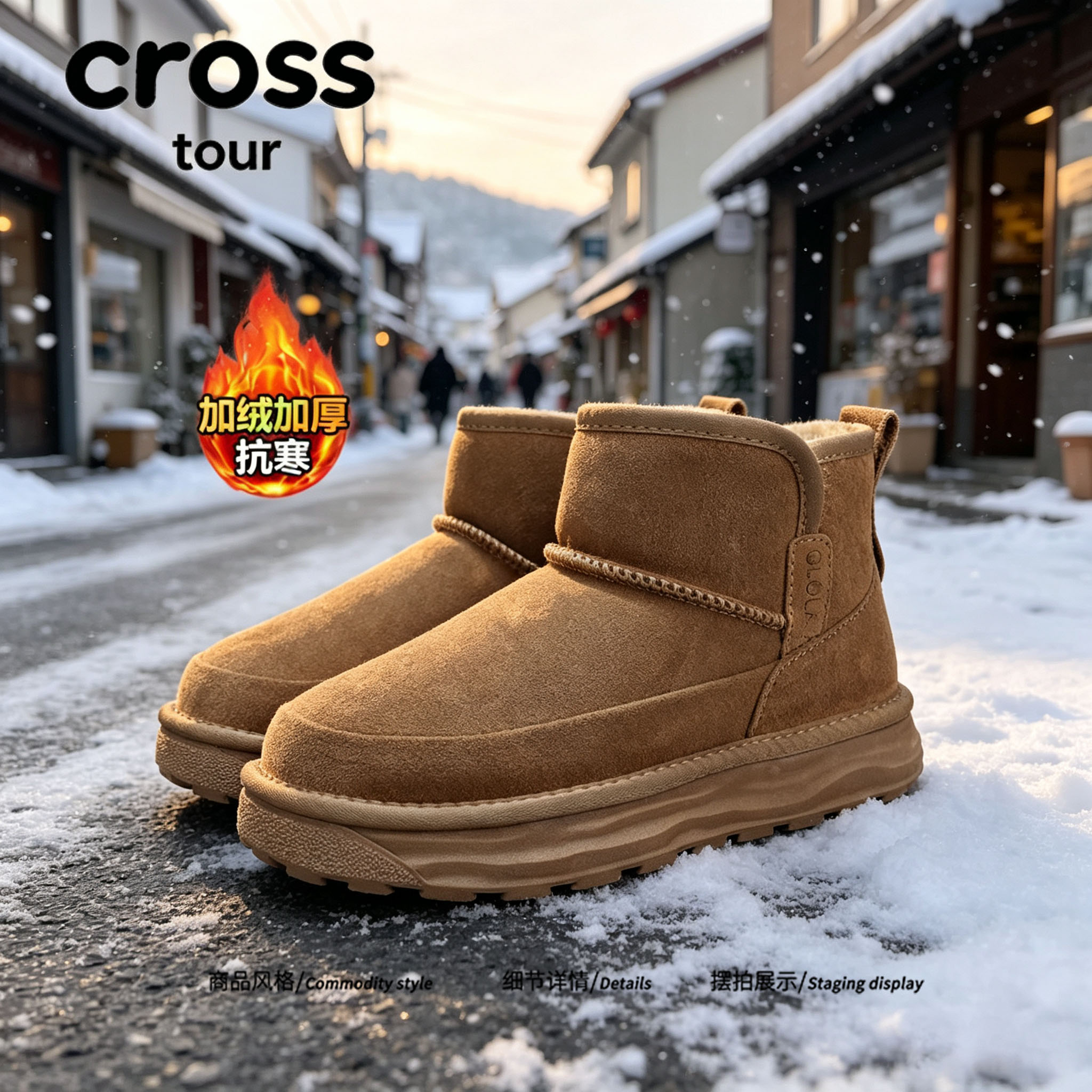 【筒口舒展】Cross tour时尚厚底雪地靴翻毛加绒加厚抗寒短筒鞋