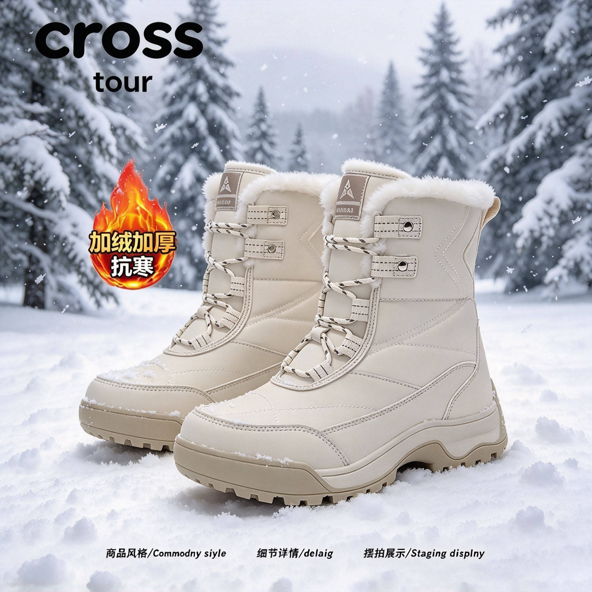 【包裹舒适】Cross tour时尚加绒加厚高帮雪地靴抗寒保暖厚底单靴