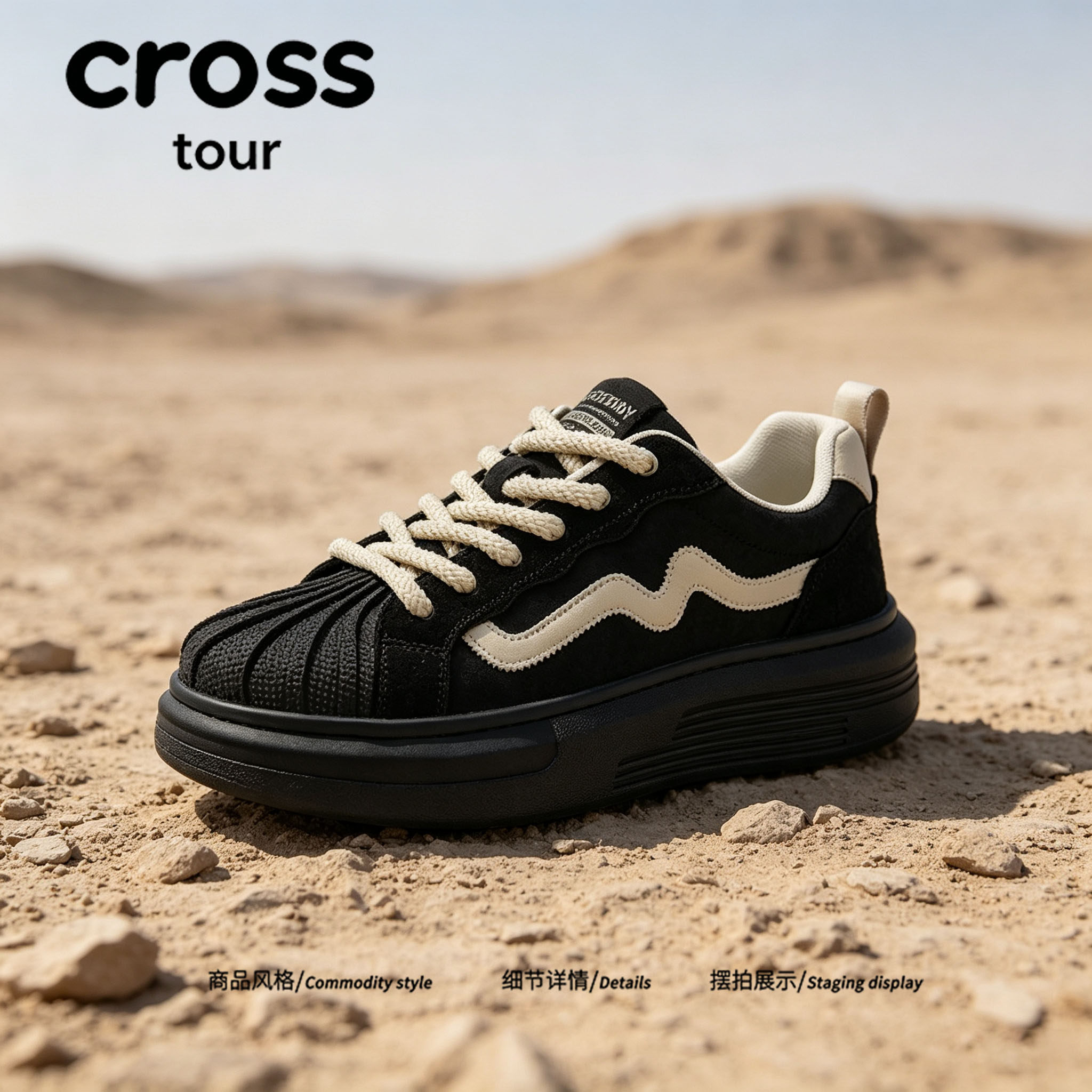 Cross tour黑色磨砂厚底休闲板鞋反绒透气舒适贝壳头低帮轻便男鞋