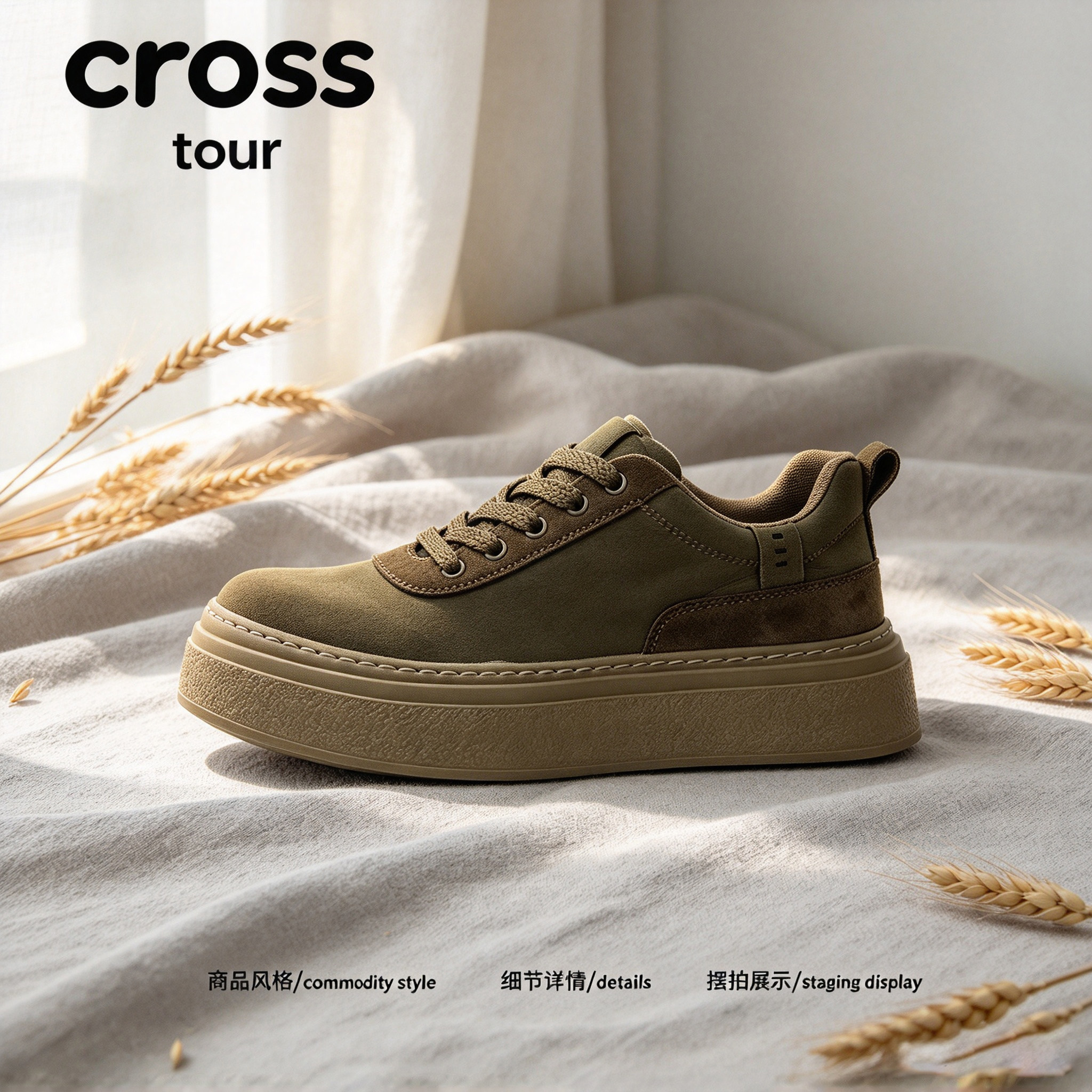 Cross tour军绿色复古拼接厚底防滑板鞋反绒皮舒适透气低帮款男鞋