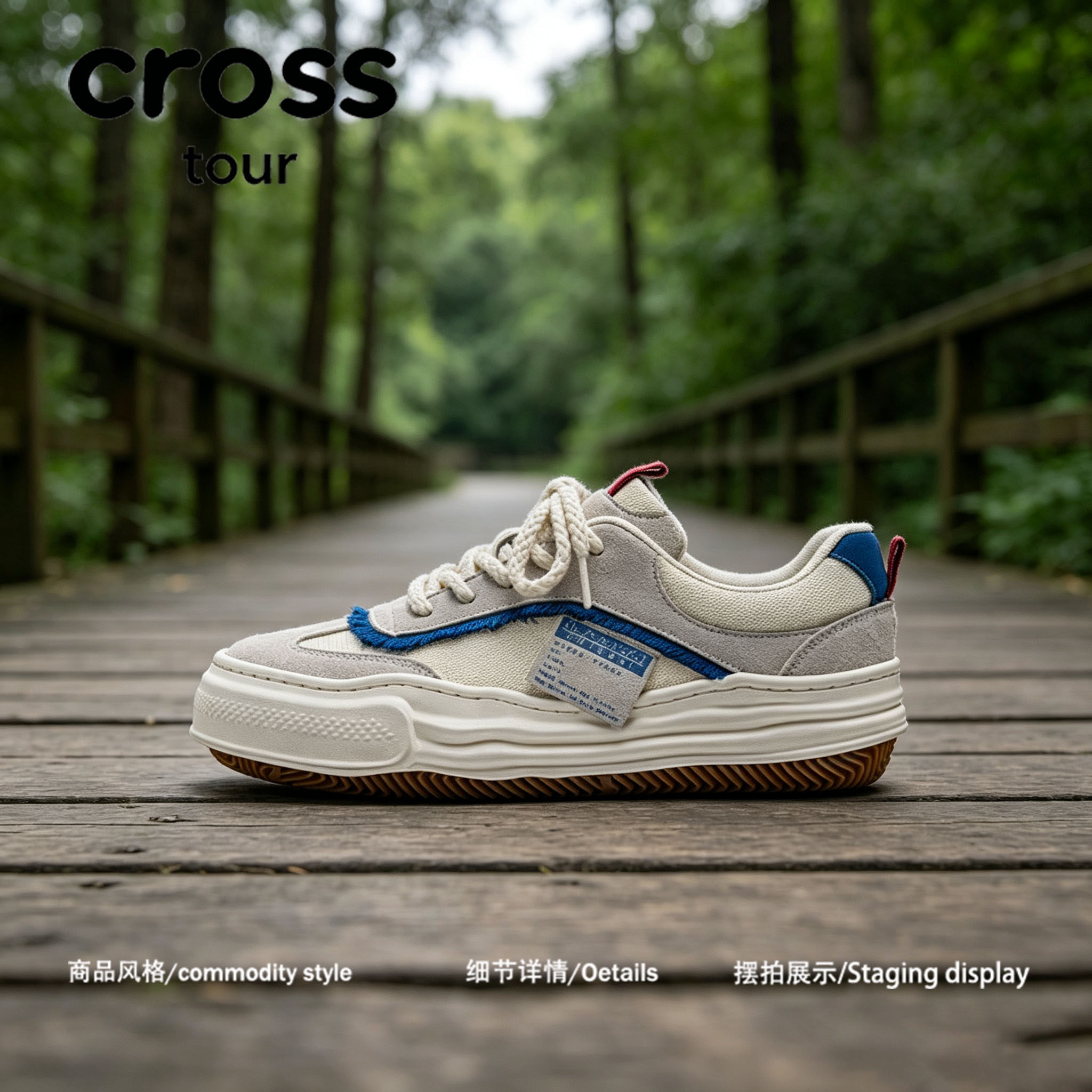 【灵构静奢】Cross tour米灰蓝毛边拼接厚底休闲板鞋帆布低帮鞋