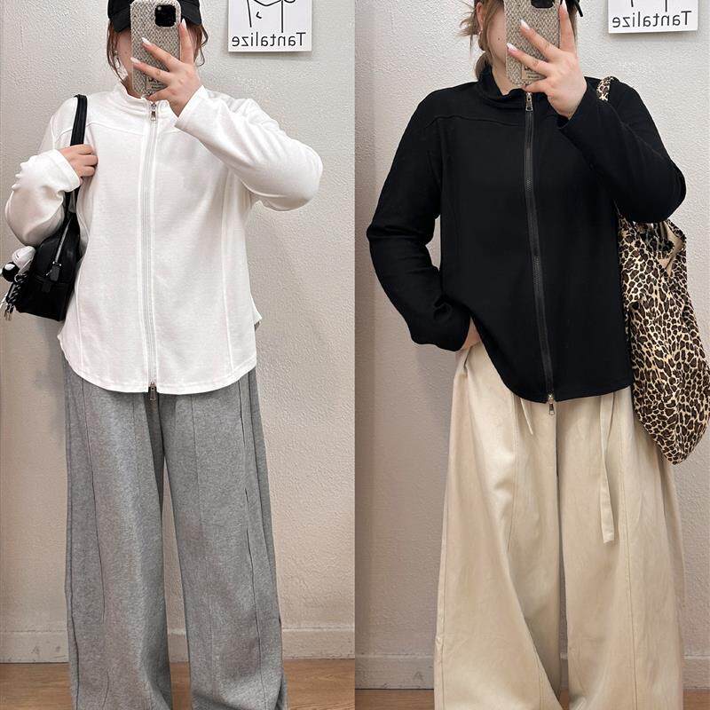 优选宛宛大码双拉炼立领卫衣外套女秋冬胖mm修身显瘦内搭外穿开衫