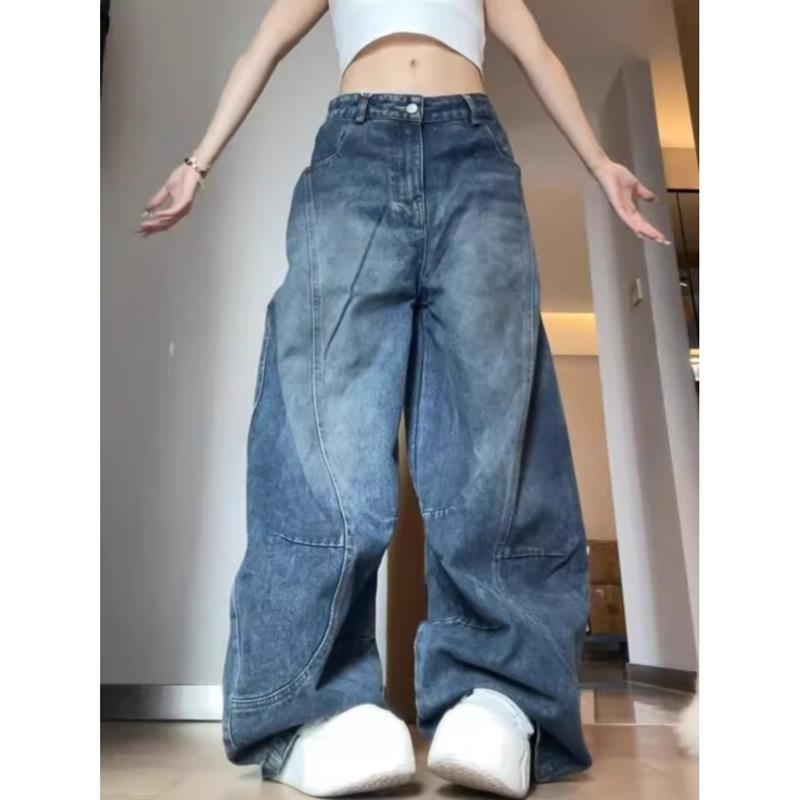 大码胖mm美式复古水洗做旧拼接弯刀牛仔裤女春季宽松显瘦阔腿长裤