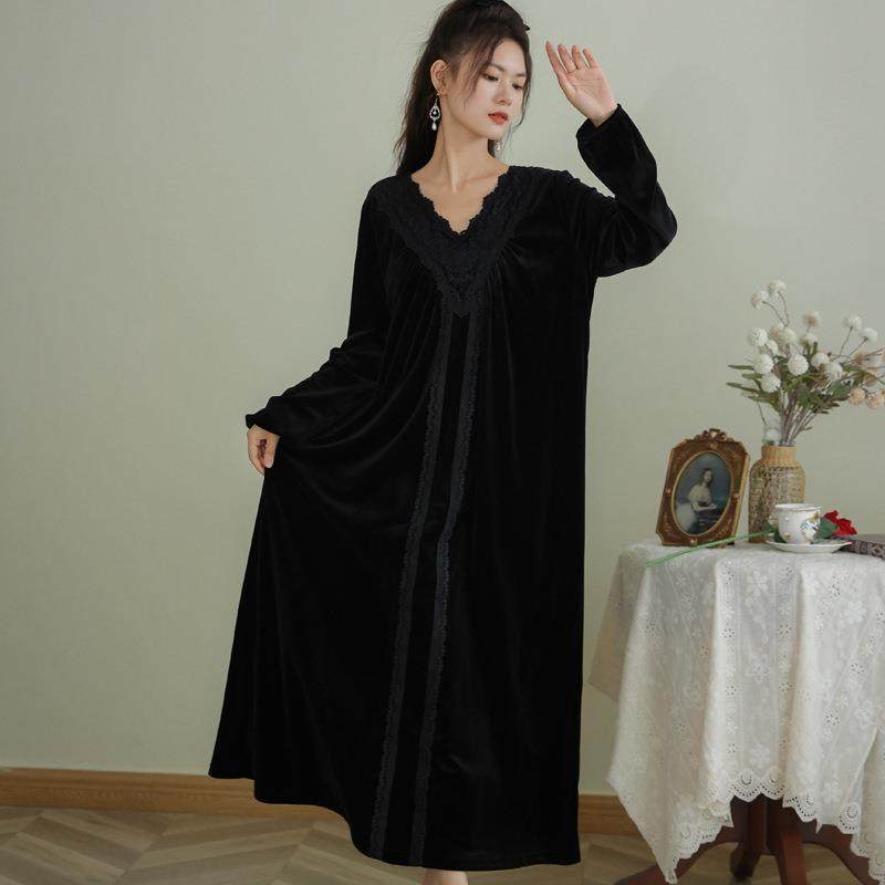 长袖加绒睡裙女冬宫廷风黑色绒保暖睡衣可外穿宽松长裙家居服春秋