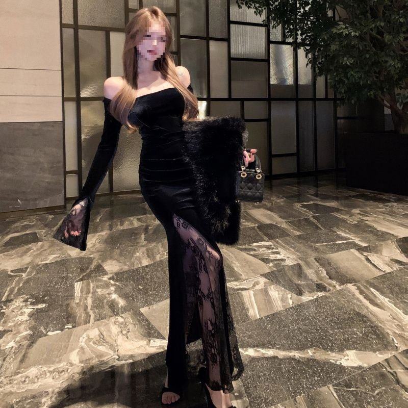 赫本风一字肩性感丝绒开叉连衣裙春季蕾丝拼接气质修身长裙子,女装/女士精品,大码套装,淘宝优惠券,粉丝福利购,淘宝优惠卷