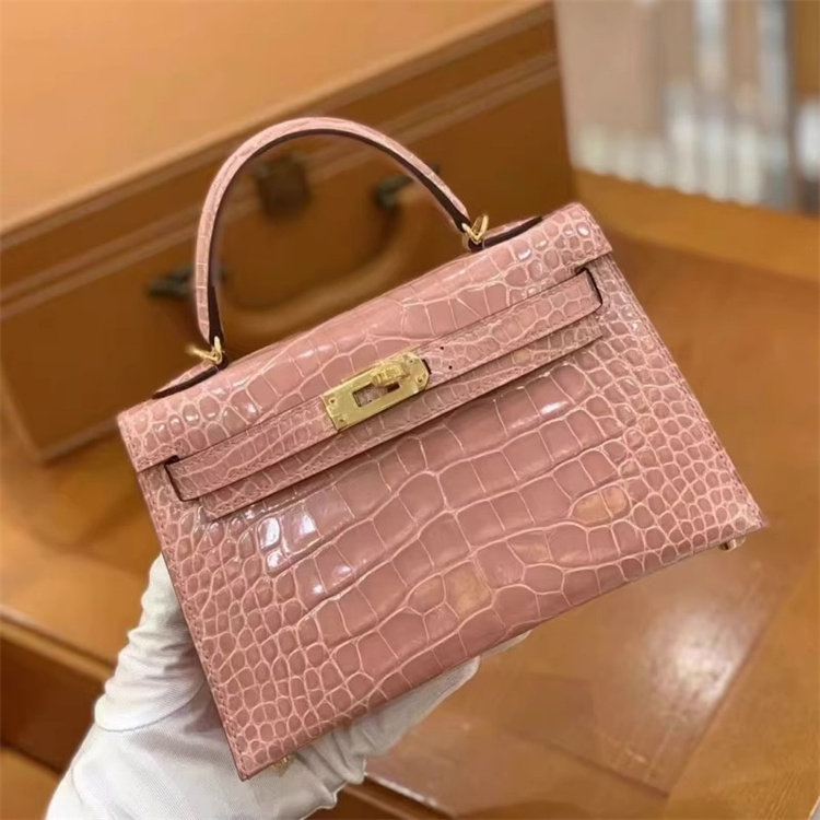 【鉴一师傅】全手工蜡线缝制轻奢鳄鱼皮手提二代凯莉包Mini陶瓷粉