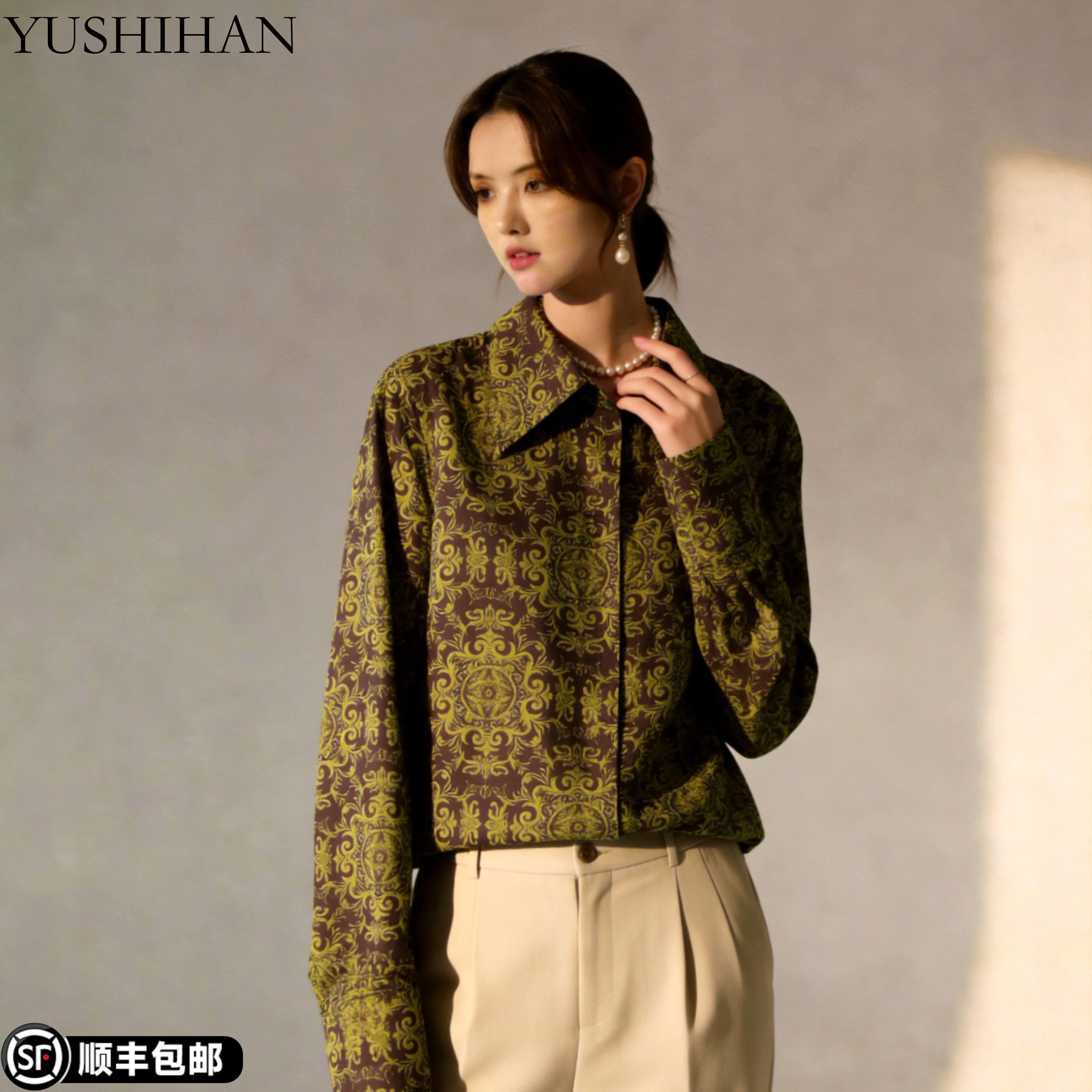 新中式风真丝碎花翻领长袖衬衫女宽松垂感设计感上衣