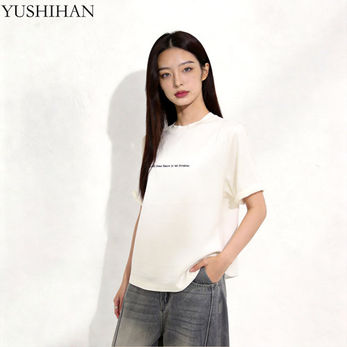 简约真丝绣花短袖通勤显瘦T恤女