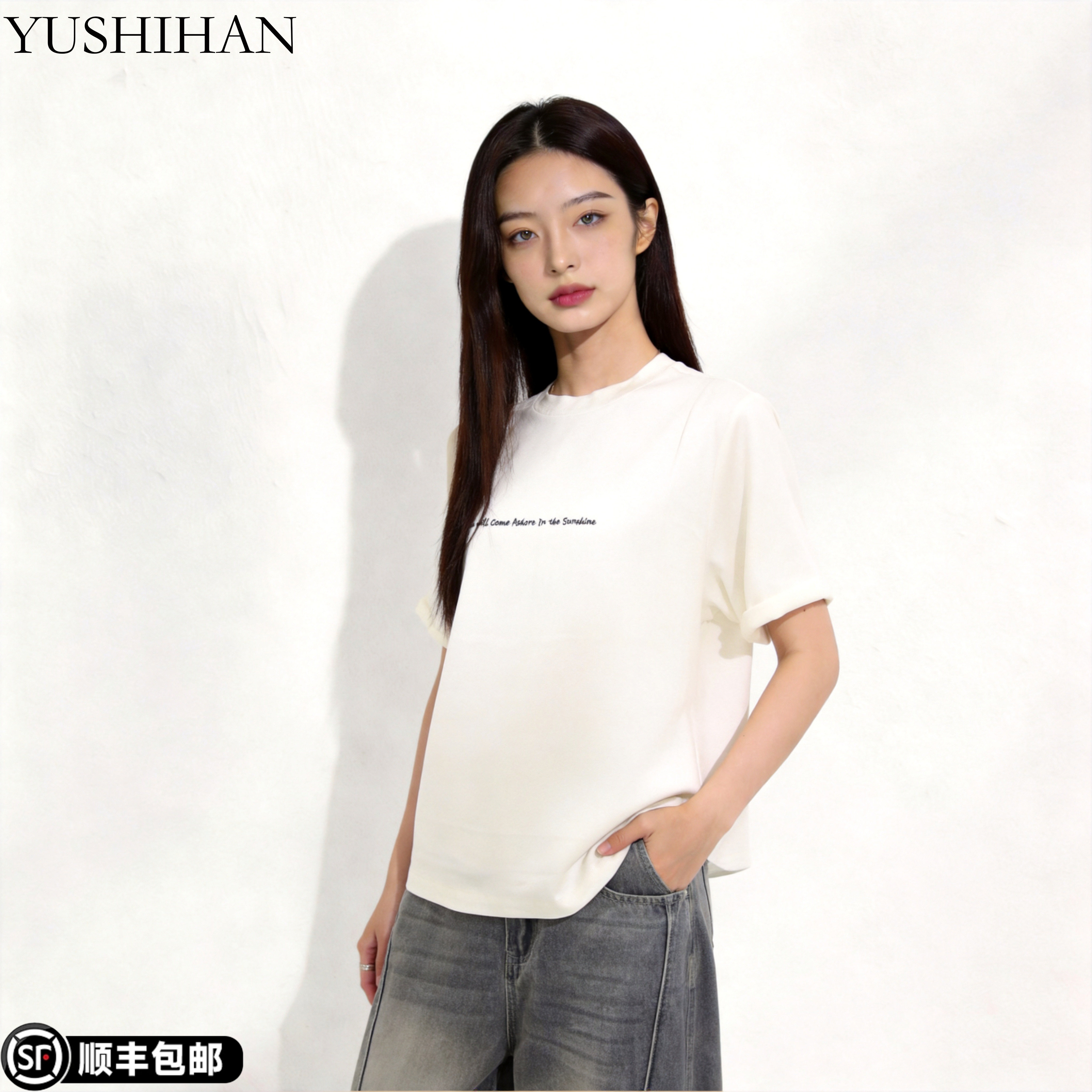 简约风真丝短袖T恤女圆领字母绣花百搭显瘦通勤上衣