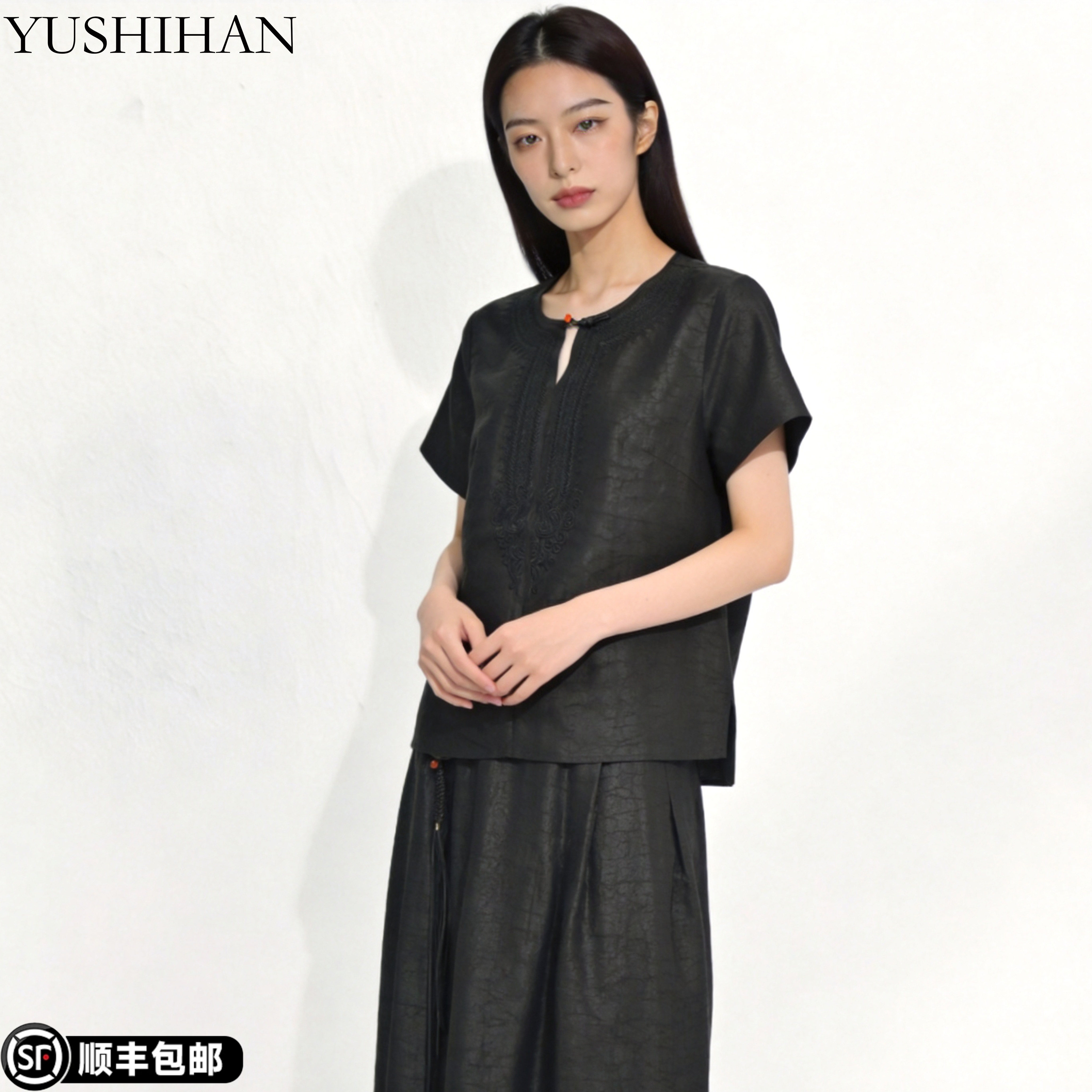 香云纱丝绸桑蚕丝新中式圆领短袖上衣女夏前短后长凉感真丝小衫