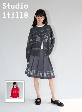 Studio1till8 灰色/红色 羊毛混纺秋季外套苹果变化提花针织开衫