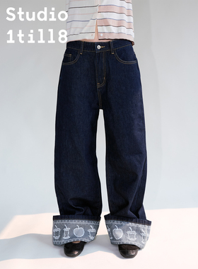 Studio1till8 秋冬深蓝色拖地阔腿长裤脚口苹果变化印花牛仔裤女