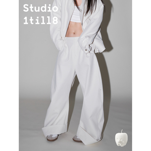 Studio1till8｜进口斜纹面料设计感弧型阔腿明线弯刀型休闲裤 女