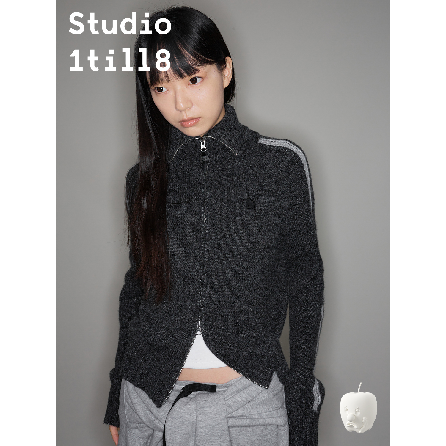 羊毛混纺条纹高领拉链开衫