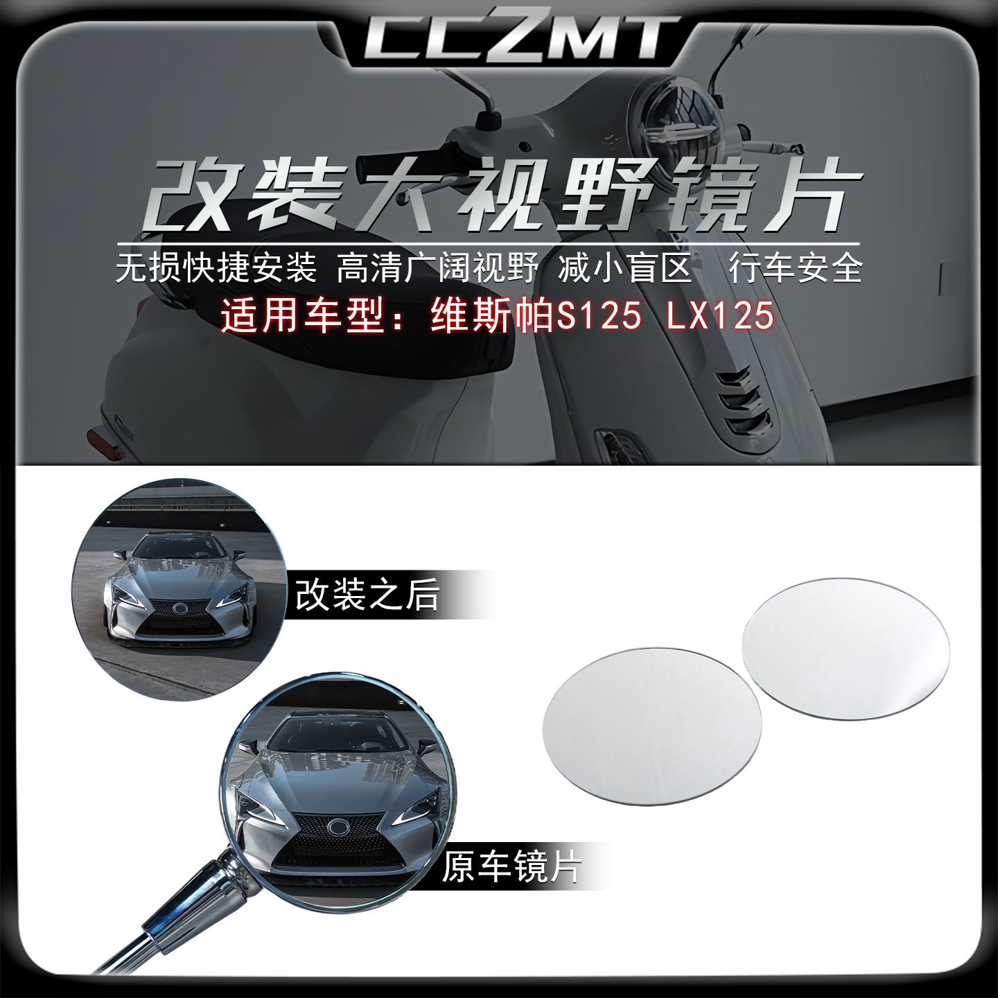 适用VESPAS125/LX125大视野镜片