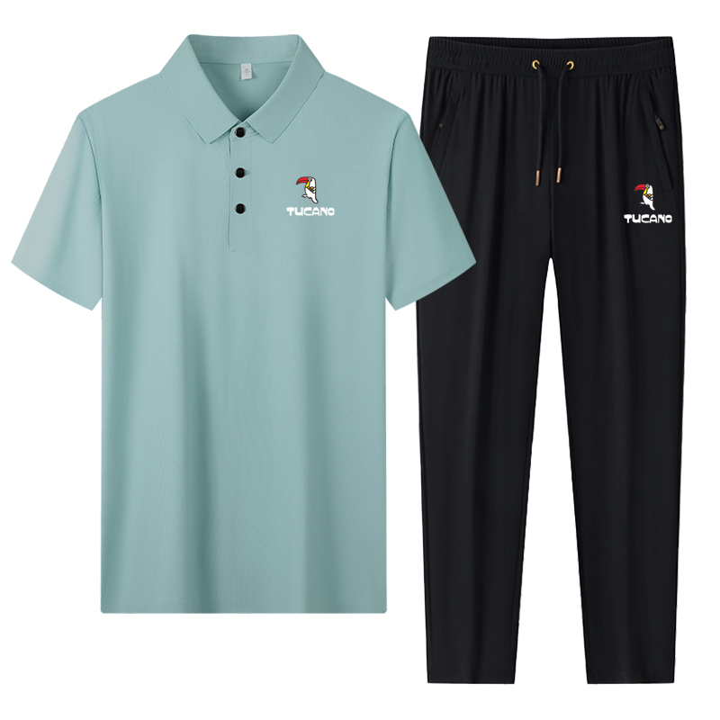 啄木鸟高端冰丝休闲套装男士夏季POLO衫短袖长裤速干运动服两件套
