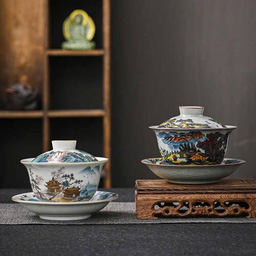 老陶泥青花盖碗茶杯茶具青花瓷泡茶碗家用办公室用陶瓷功夫三才碗