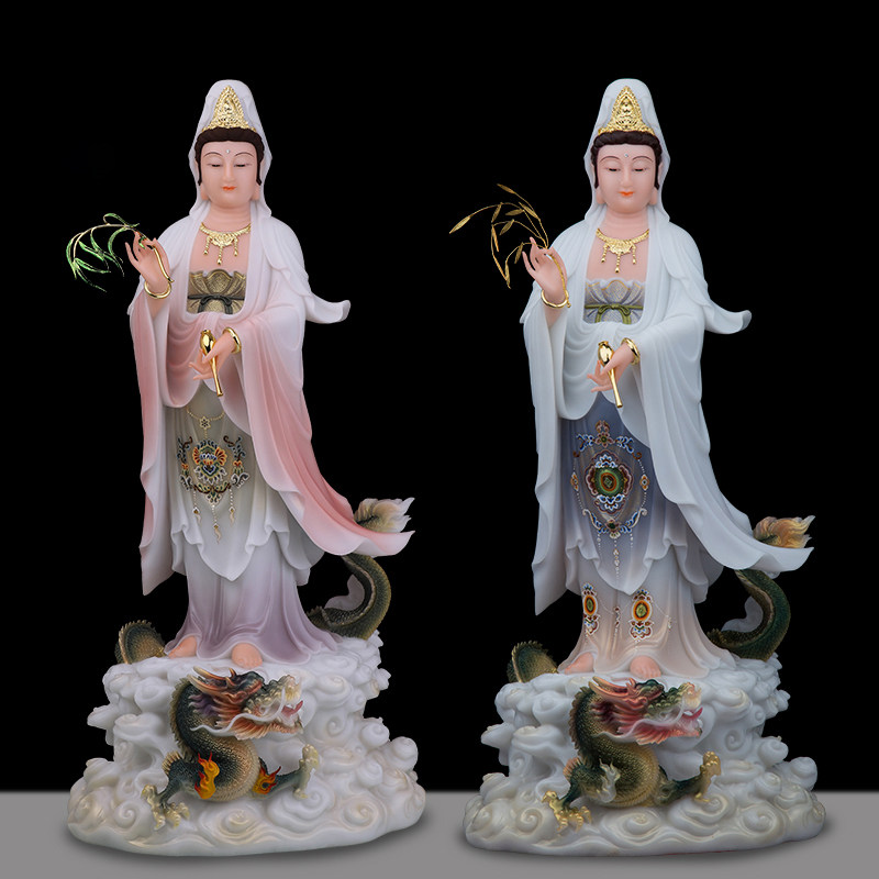 汉白玉站龙观音神像寺庙供奉观世音菩萨像水月观音客厅工艺品摆件